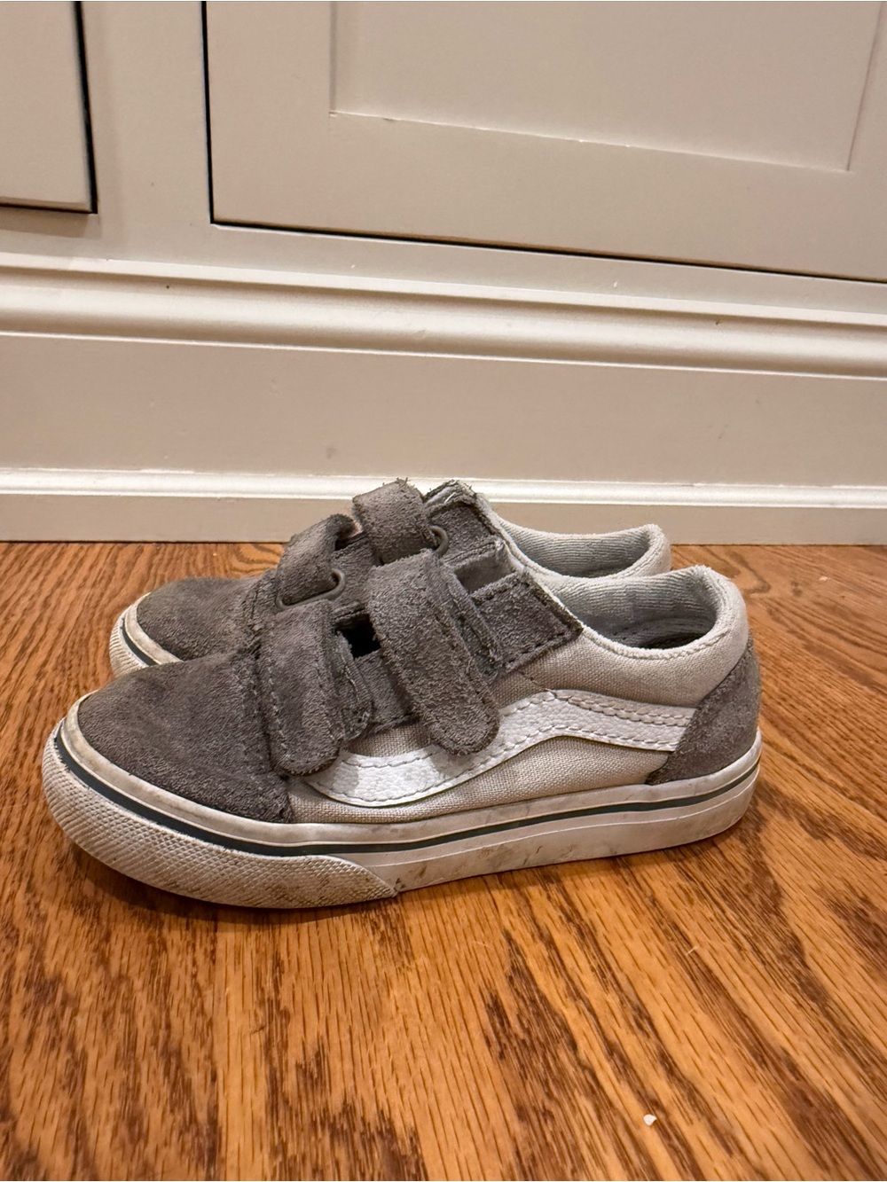 Vans Kids Gray and White Suede Velcro Sneakers